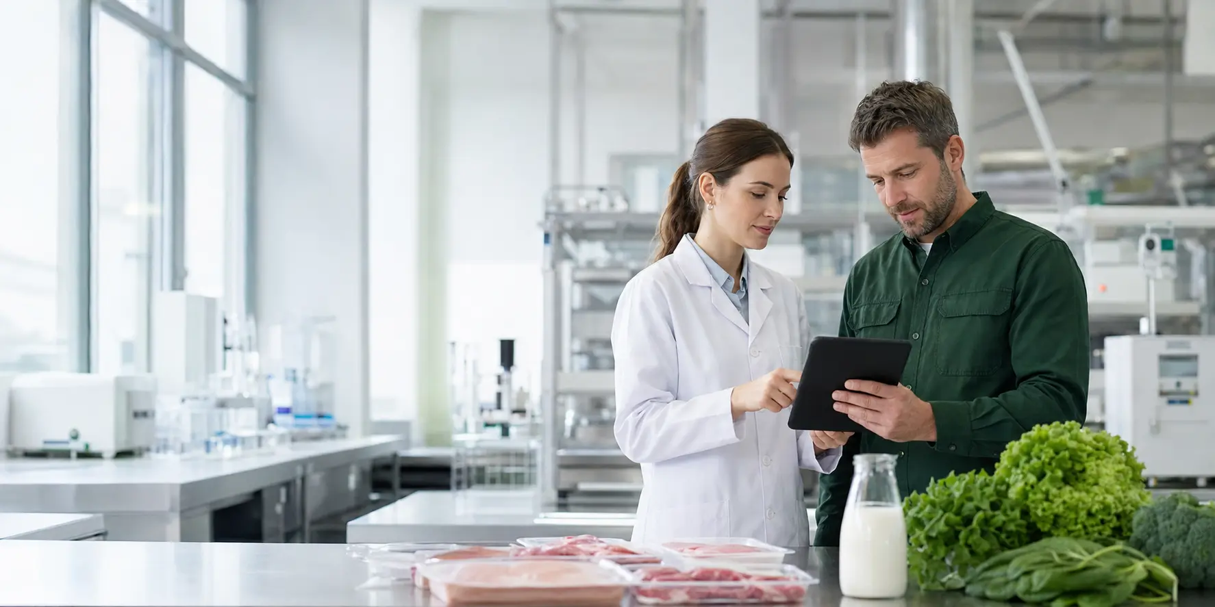 Lebensmitteltechnologe und Betriebsspezialist prüfen Daten auf einem Tablet
