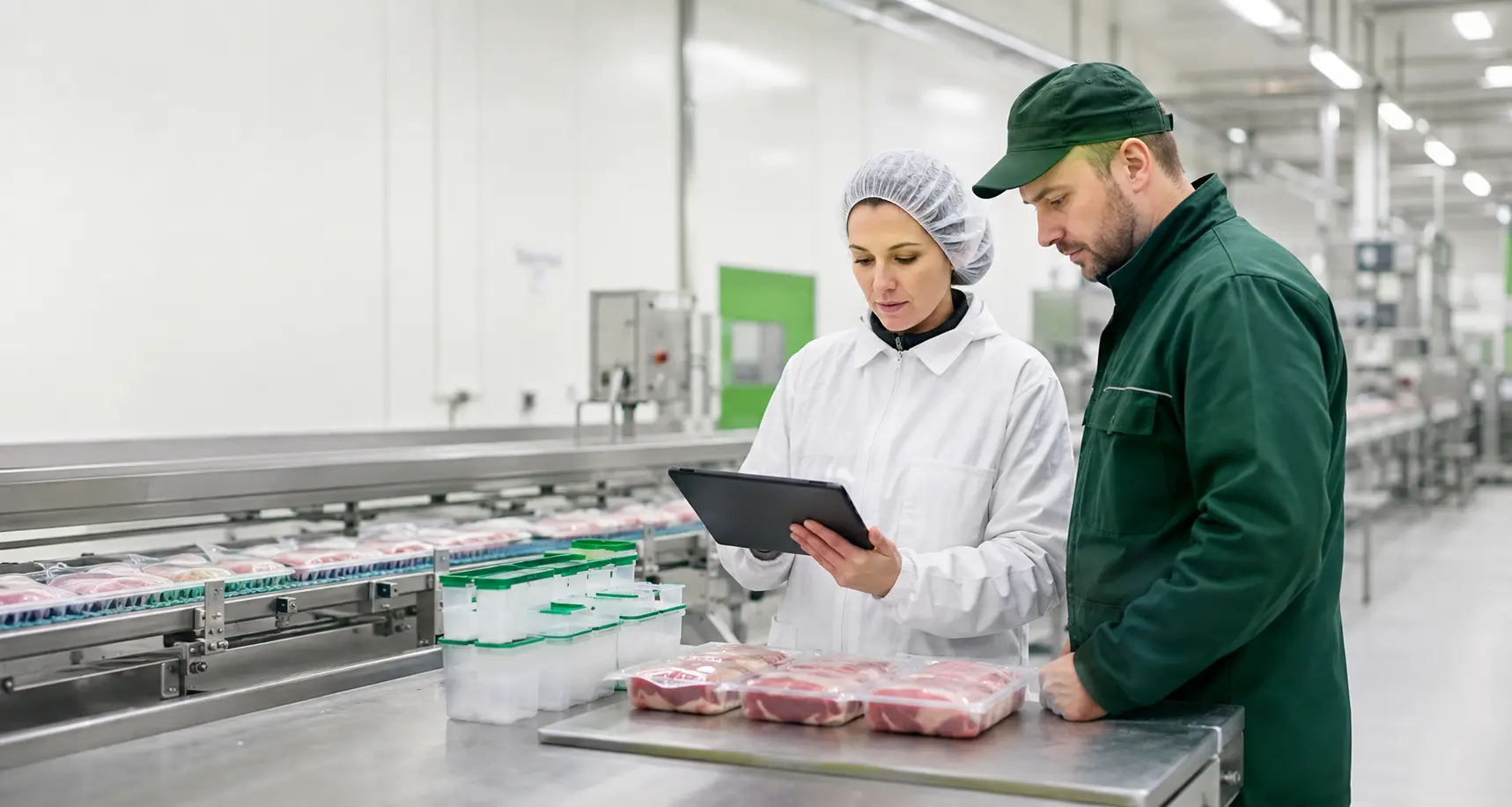 Fachkraft für Lebensmittelqualität und Produktionsleiter prüfen eine Charge auf einem Tablet