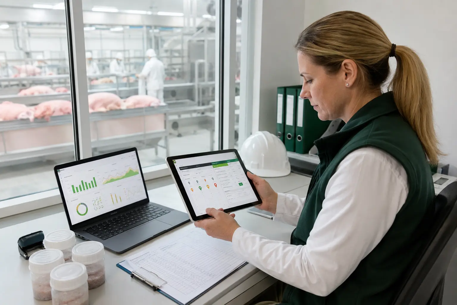 Qualitätsmanagerin prüft Informationen zu Probenahme und Compliance