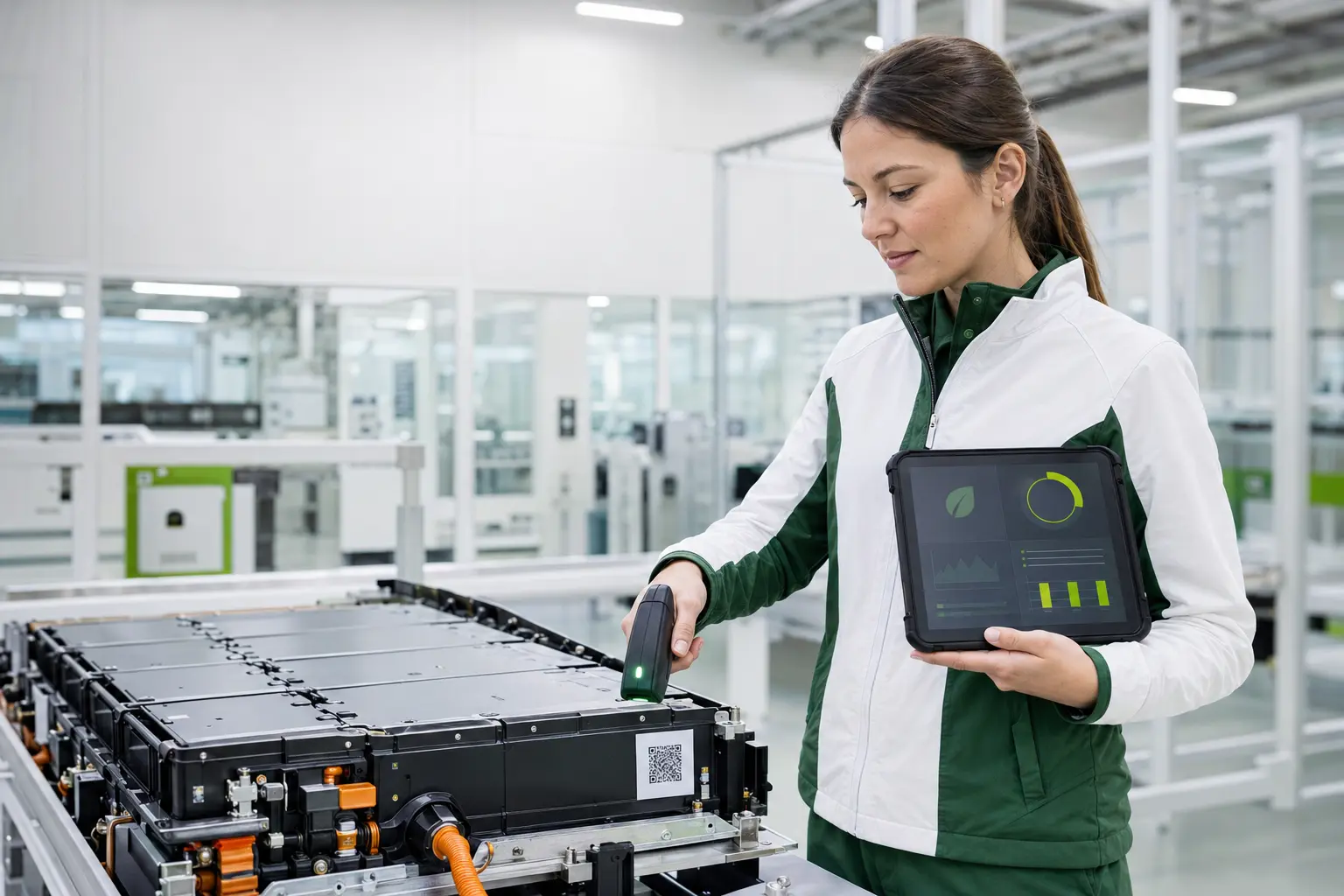 Batteriespezialist scannt ein Batteriemodul und sieht dabei die Passdaten