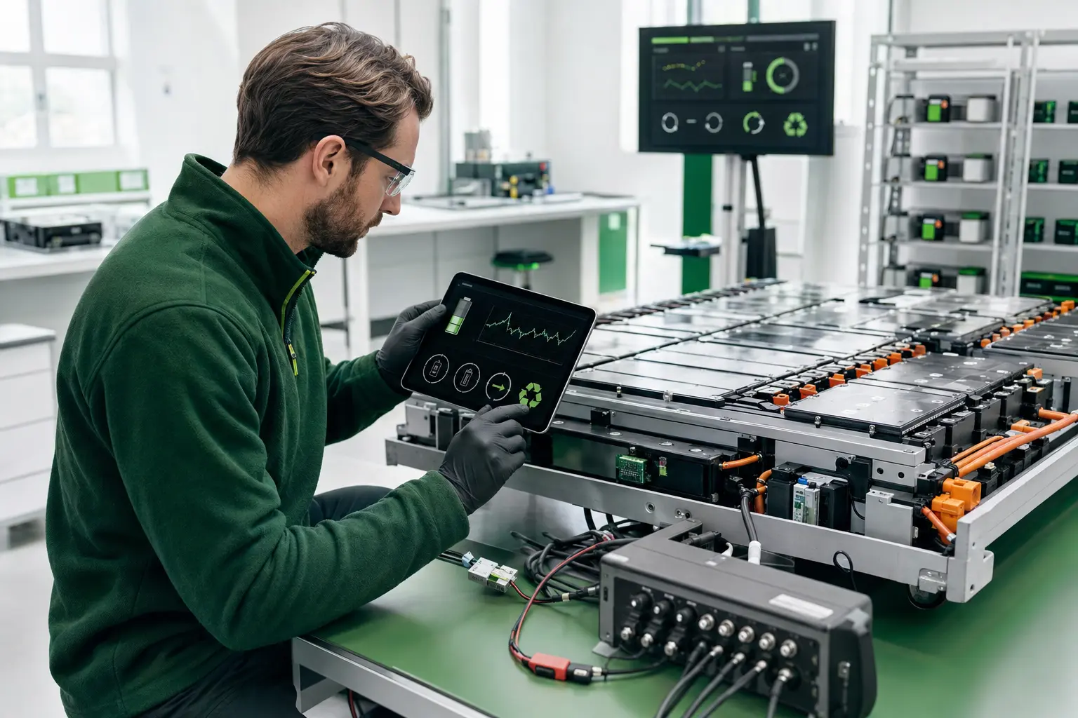 Ingenieur analysiert Informationen zum Batteriezustand neben einem Batteriemodul