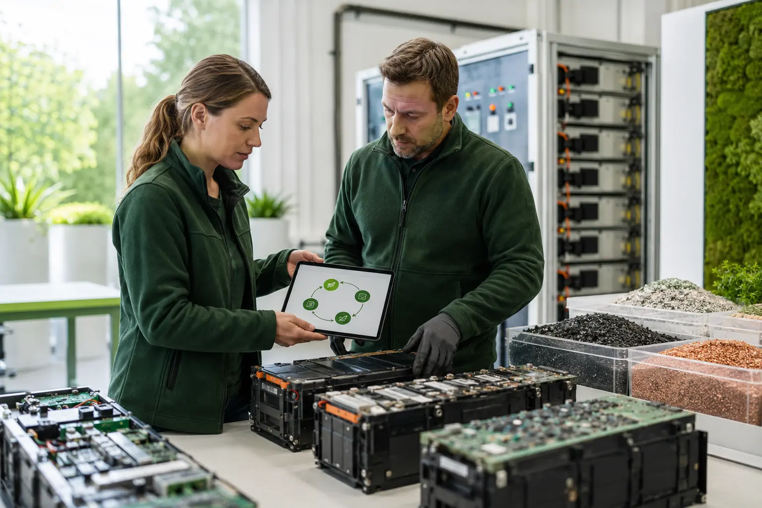 Batteriespezialisten prüfen Module und zurückgewonnene Materialien