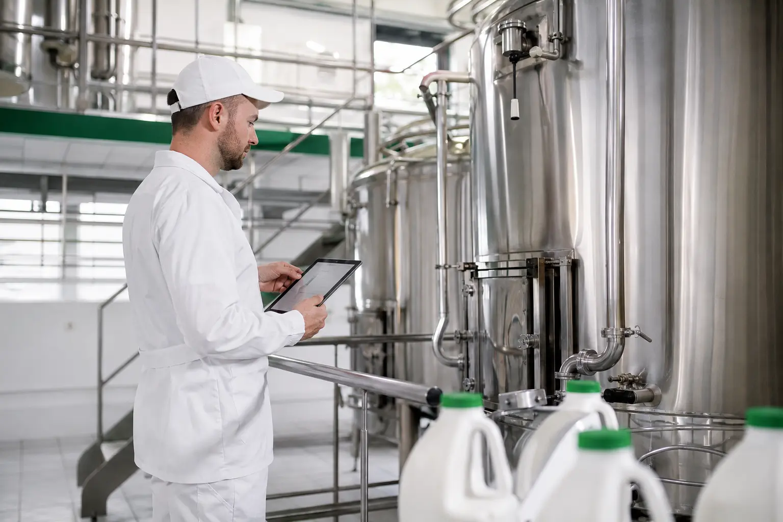 Molkereitechniker prüft Verarbeitungsanlagen mit einem Tablet