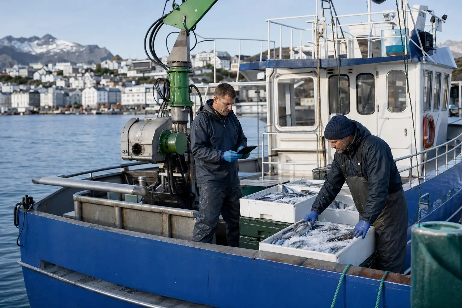 Arbeiter auf einem Fischerboot bearbeiten den Fang