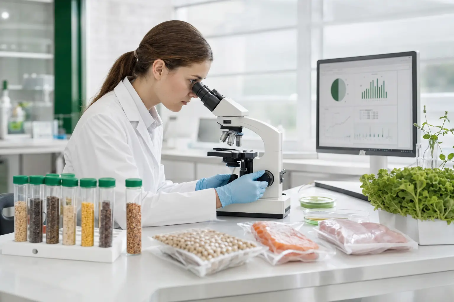 Laborfachkraft analysiert Lebensmittelproben und Ergebnisse